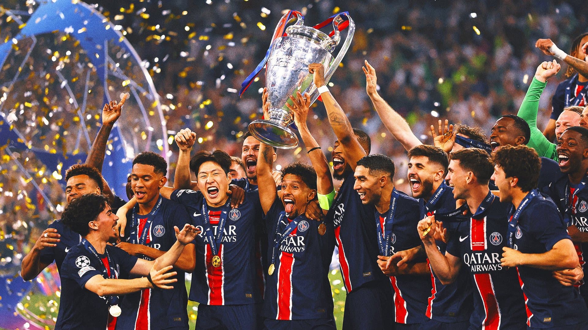 Football team lifting the Champions League trophy